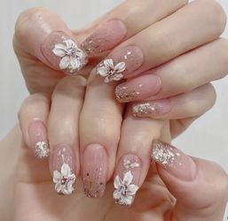 24 Pcs White Floral And Nude Color Press-On Nails With Free Gift (Limited Gift Offer )