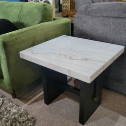 Marble Top End Table Dark Brown Oak Finish