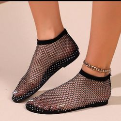 Rhinestone Embellished Shiny Mesh Flat Sandals.size 40