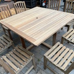 Square Solid Teak 51”x51” Table With 8 Teak Chairs