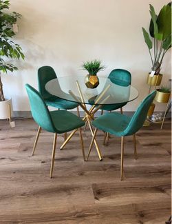 Emerald Green Velvet Gold Round Kitchen Table Dining Set