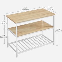 VASAGLE Kitchen Island with 3 Shelves and Large Worktop - Oak Beige / White
