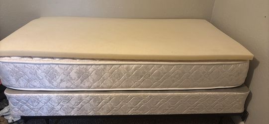 Twin L Bed Mattress, Bed Spring, Bed Frame + memory foam and Black sheets(new)