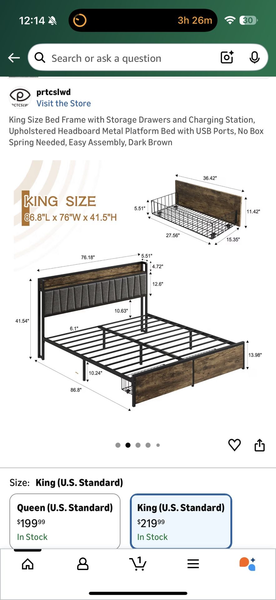 King Size Bed Frame with Storage Drawers and Charging Station, Upholstered Headboard Metal Platform Bed with USB Ports, No Box Spring Needed, Easy Ass