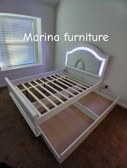White Bed Frame with LED Headboard and Storage Drawers