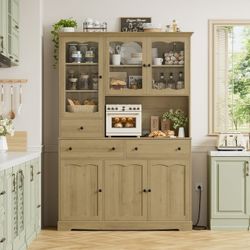 74.2'' Tall Kitchen Pantry Cabinet with Glass Doors, Large Hutched Storage Cabinet with Adjustable Shelf for Dining Room Living Room, Oak

Image 1 of 