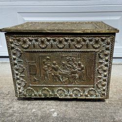 Vintage Embossed Brass And Wood Coal/Wood Box