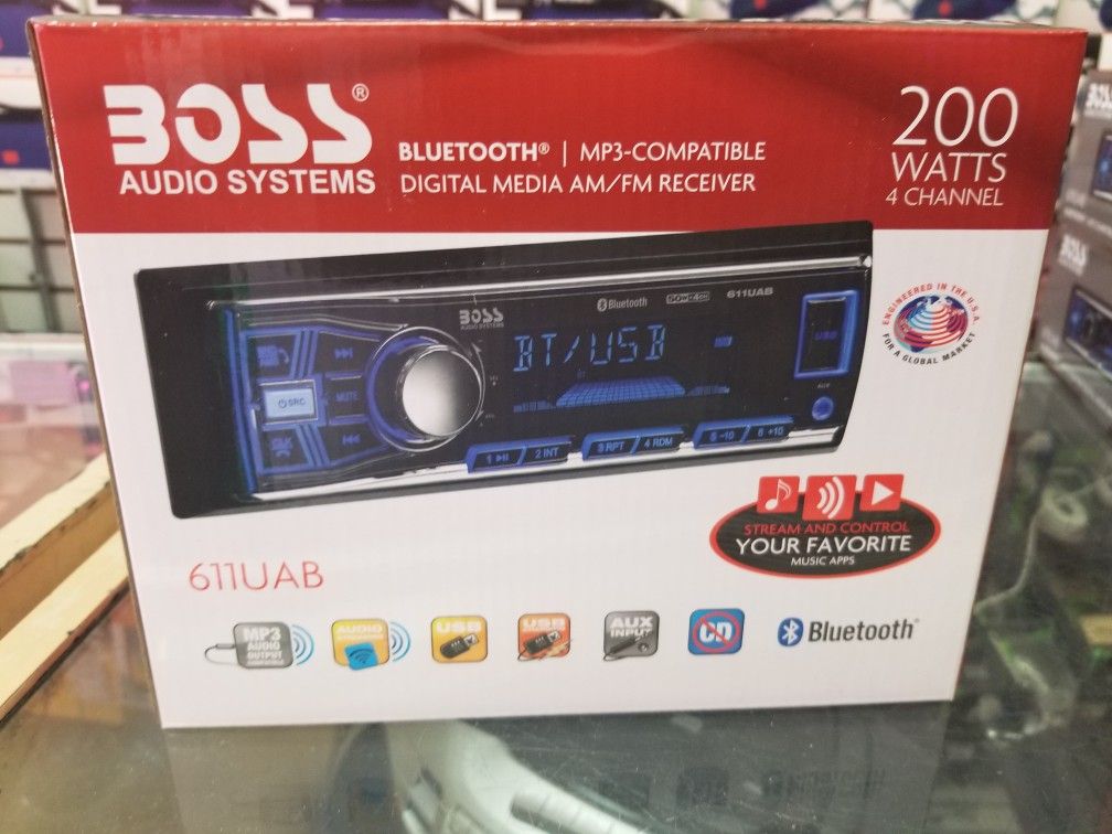 Bluetooth car stereo system available with USB and radio stations.