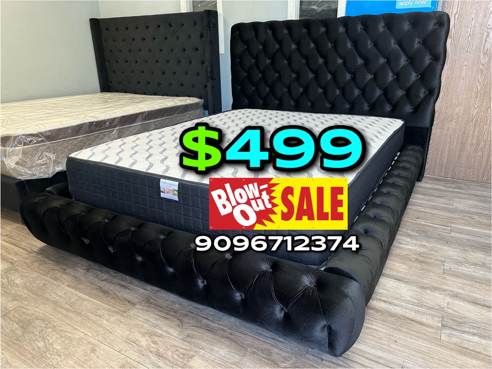 Queen Black Button Platform Bed w. Orhopedic Mattress Included
