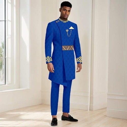African Clothing for Men Embroidery Designed Jacket Pants Set African Wedding Outfits Evening Dress
