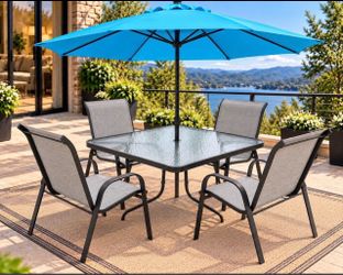 new outdoor table set with umbrella
