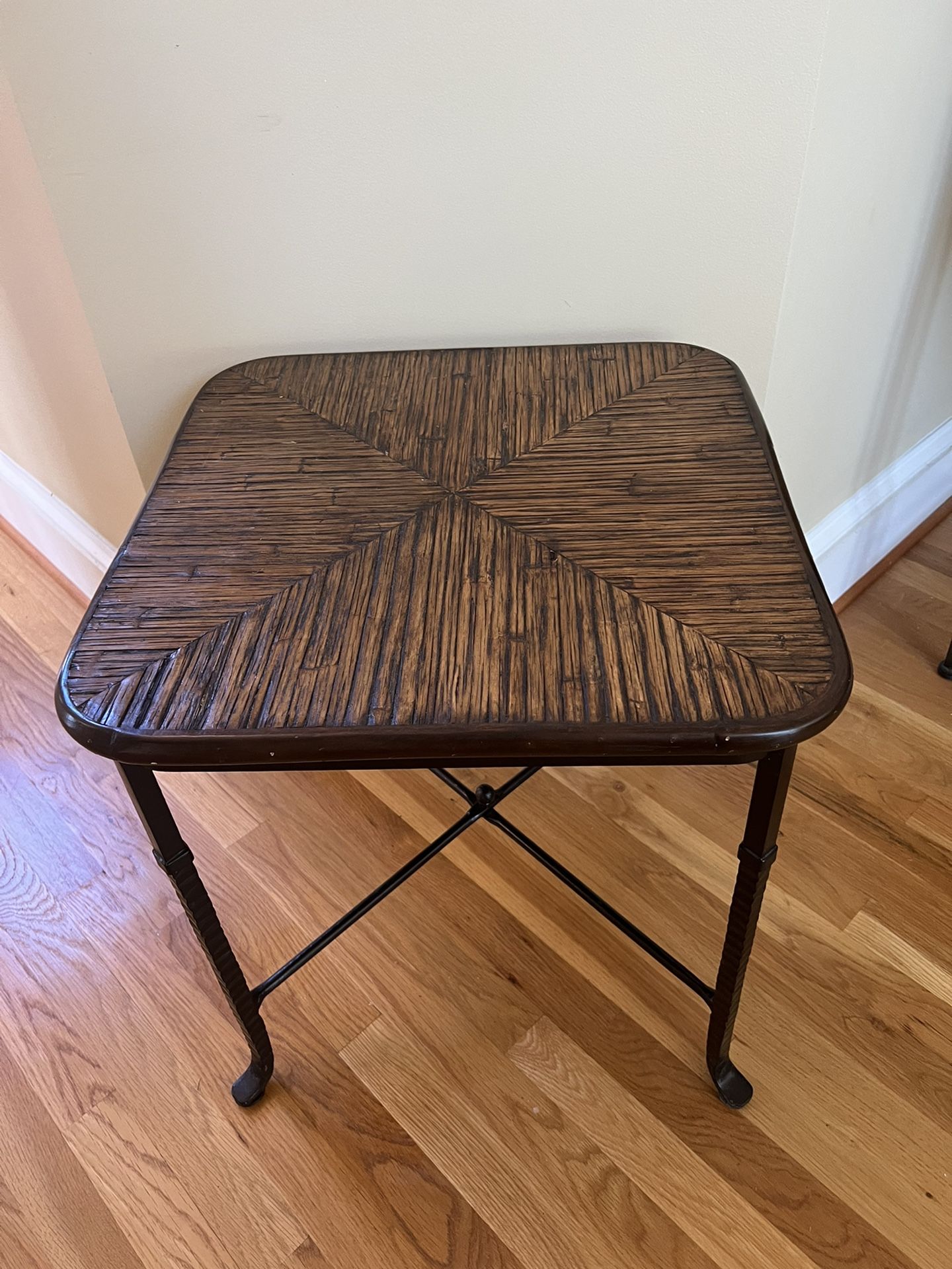 Pier One Rustic side table. Wrought iron and bamboo 20” x 20”