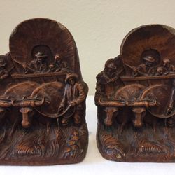 Vintage Bookends ~ Syroco Wood ~ Pioneers & Oxen Covered Wagon Settlers Old West