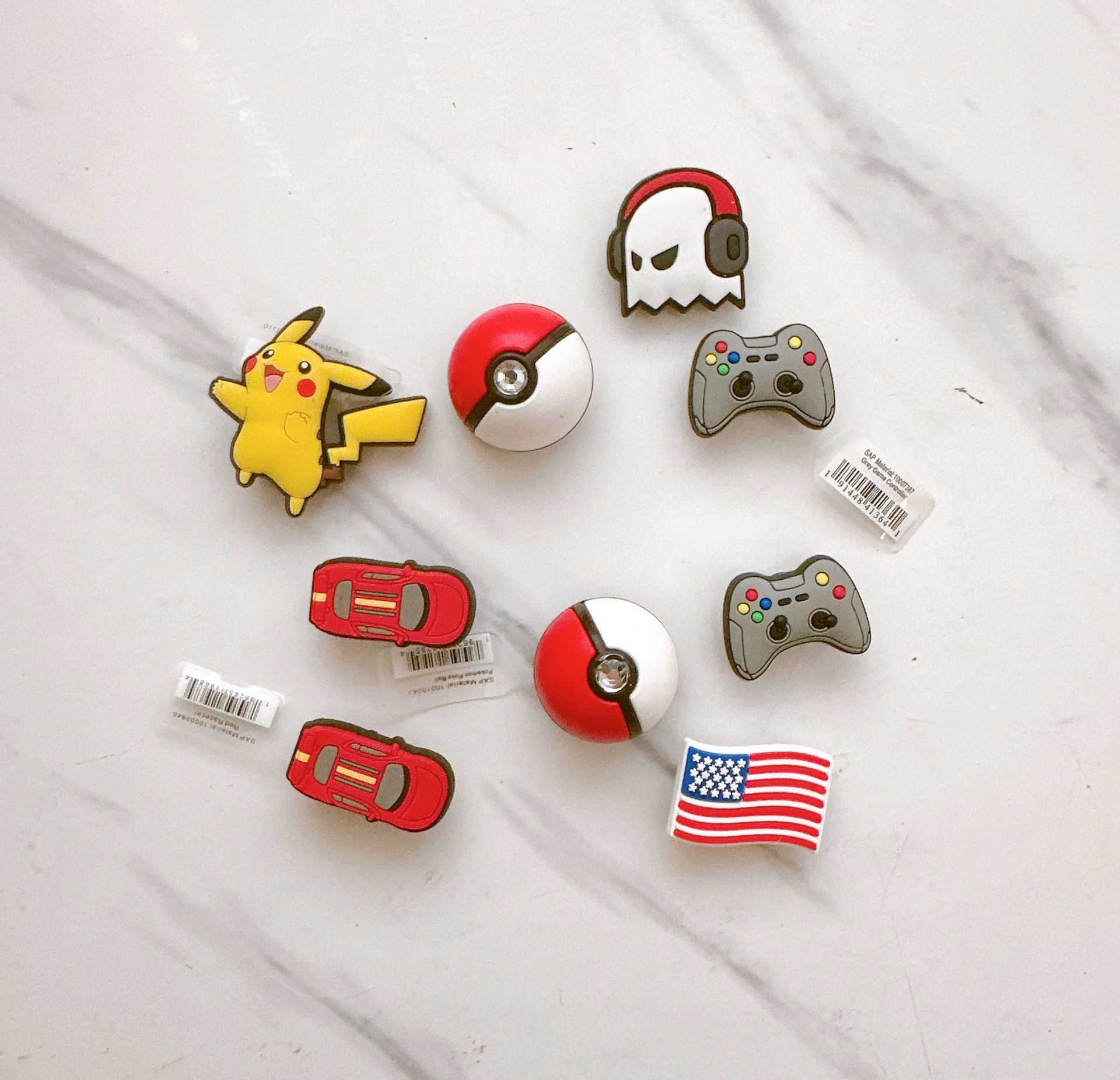 Crocs Shoe Charms Lot – Pikachu, Pokéball, Controller, Flag & More (9 pcs)