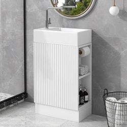 19” White  Freestanding Bathroom Vanity with Sink w/ Side Shelves & Toilet Paper Holder(FAUCET NOT INCLUDED)  [NEW]  **Retails for $350 <Assembly Req>