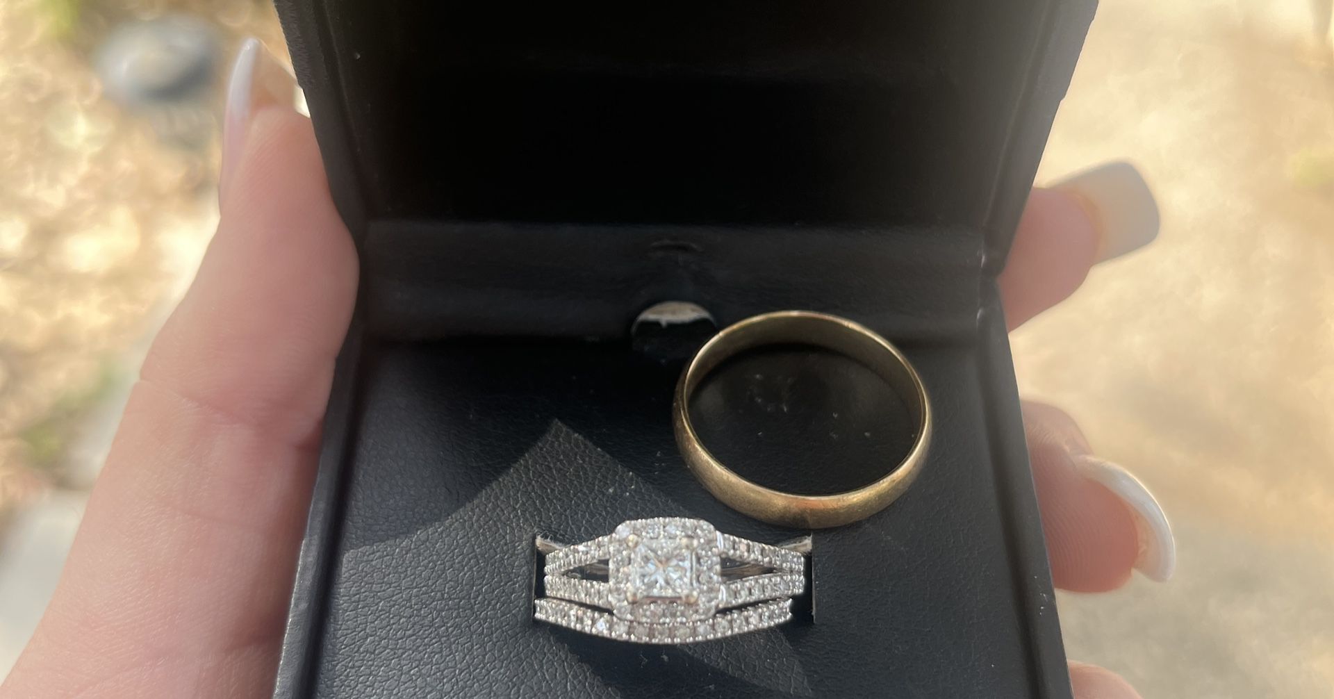 mens 10k gold wedding band  under half karat -princess cut diamond  halo split diamond shank engagement ring with matching diamond wedding band  