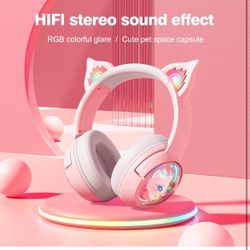 Cat Bluetooth Headphones, Wireless Headset with Mic, RGB LED Light Compatible with Mobile Phones PC Tablet, with 3.5mm Wired Mode for Audio Only, Pink