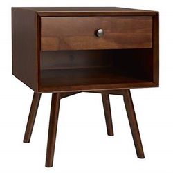 Walker Edison Mid Century Modern Wood Nightstand Side Table Bedroom Storage Drawer and Shelf Bedside End Table, 1 Drawer, Walnut *Open Box-Pre Owned, 