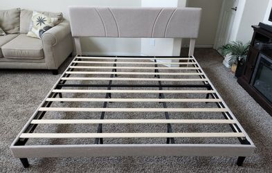 King Size Beige Upholstered Bed Frame with Adjustable Headboard, Rails and Wood Slats. No Box Spring Needed