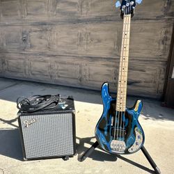 Electric Blue Bass Guitar & Fender Rumble 25 Amp