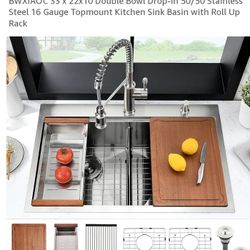 33 Inch Drop In Double Bowl Kitchen Sink Workstation -BWXIAOC 33 x 22x10 Double Bowl Drop-in 70/30 Stainless Steel 16 Gauge Topmount Kitchen Sink Basi