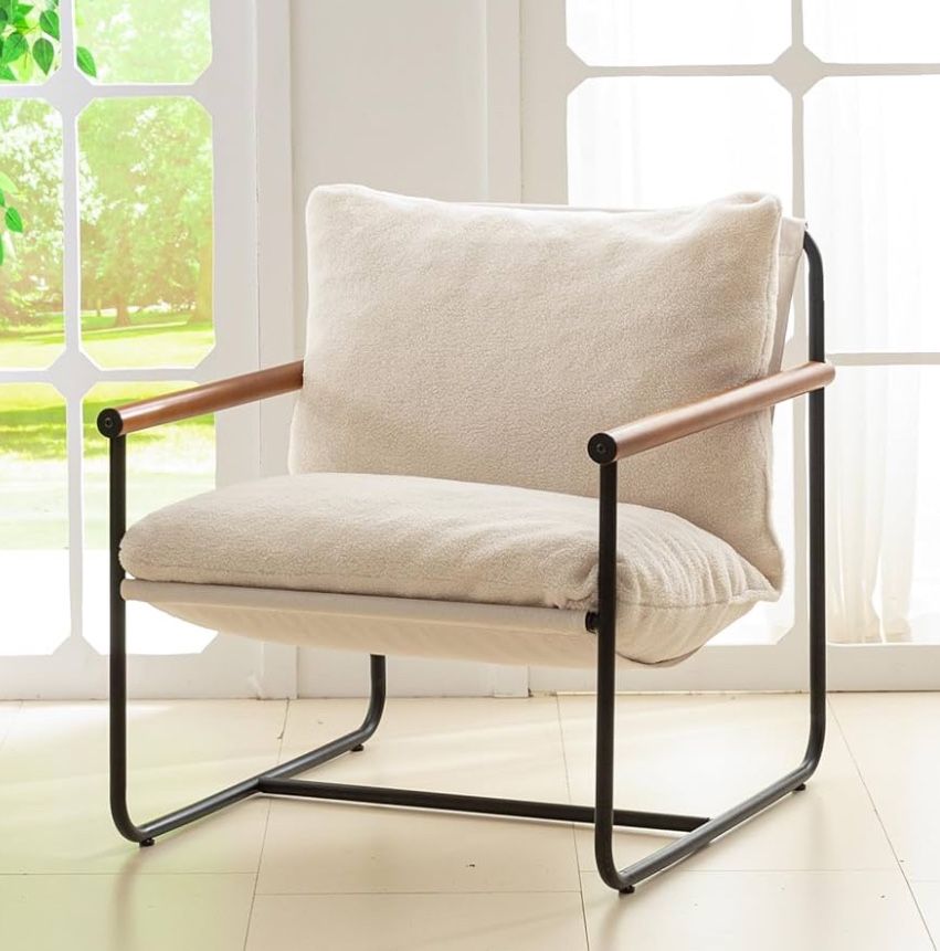 HIGOGOGO Modern Accent Chair, Living Room Chair with Wood Armrests, Shredded Foam Cushion, and Sturdy Metal Frame Reading Chair, Beige