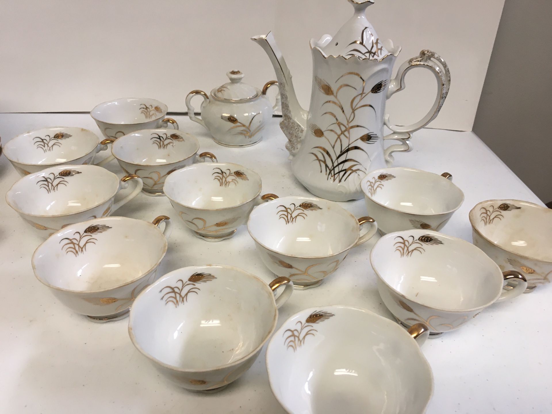 Mid century Vintage Lefton China Snack Plates and Tea Set -Hand Painted Wheat Pattern #2768