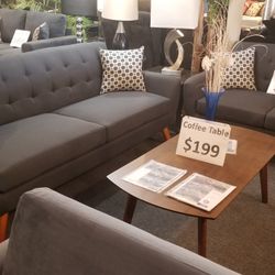 Brand New Ash Black Midcentury Modern Fabric Sofa + Loveseat 2PCs Set