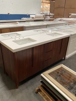 72” Brown Solid Wood Bathroom Vanity with Engineered Marble Top (V170)