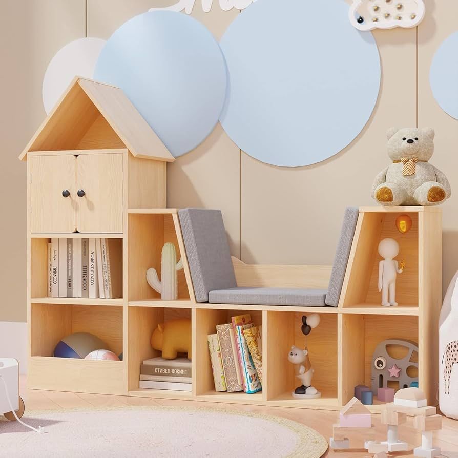 56.9" Wooden Kids Bookshelf with Reading Nook, Kids Bookcase with Detachable Cushions,Toy Storage Organizer with 9 Cubes and 2 Doors for Bedroom, Play