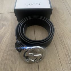 Gucci Signature Embossed Belt, Black Leather, Silver Buckle
