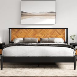 king Cartlin Mid Century Modern Acacia Wood Platform Bed Frame with Artistic Chevron Headboard & Mystic Black Finish, 800lbs Heavy Duty, No Box Spring