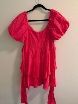 Hot Pink Eyelet Puff Sleeve Mini Dress