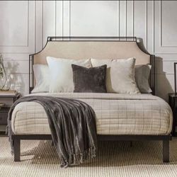 Transitional Beige Metal Frame Queen Platform Bed with Upholstered Headboard(NEW In A Box)