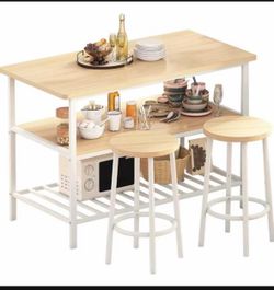 Island Table with Seating and Storage, Beige, 3 Shelves, Wooden Counter Height Table Top, 2-piece Bar Table Set for Small Space