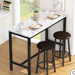 Lamerge Pub Height Set for 4,Kitchen Dining Set with 2 Bar Table Table and 4 PU Leather Stools with Backrest,Faux Marble Table Breakfast Tab