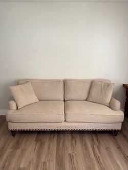 Beige Linen Nailhead Trim Sofa – Excellent Condition