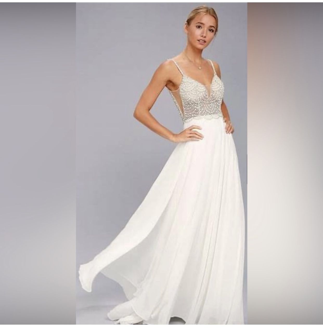 Lulus Long White Formal/Wedding Dress With Beaded Bodice $100