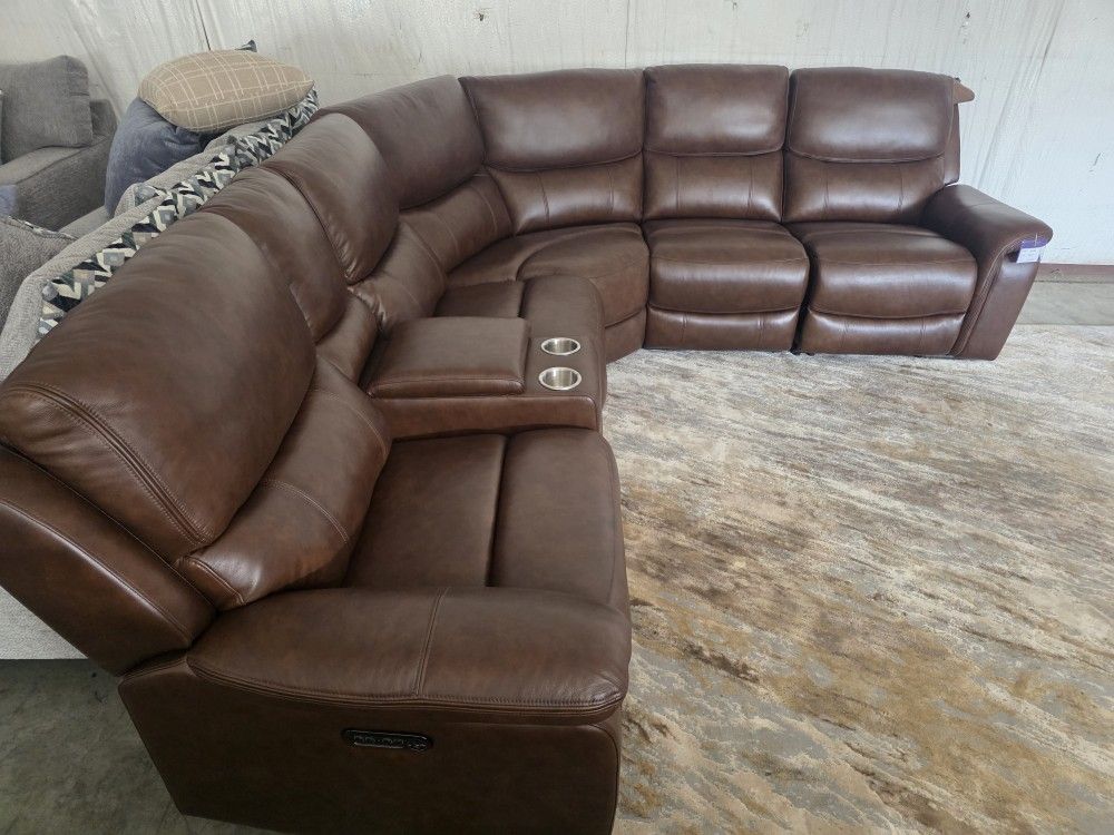 Brand New Lifestyle Sassari Chocloate Top Grain Leather 6pc Dual Powered Sectional W USB & C Port