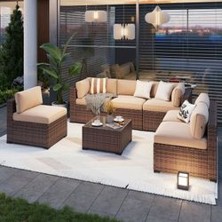 7 Piece Patio Furniture Set Wicker Rattan Patio Conversation Set Outdoor Sectional Sofa Set with Coffee Table and 4” Thickened Cushions, Beige(Waterpr
