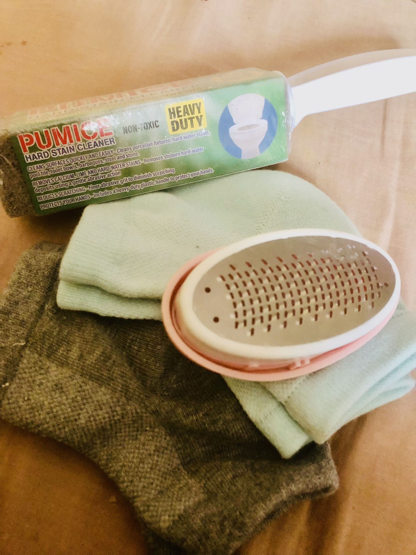 Smooth Heels 4 Ways. Smooth Heel Socks, Pumice, Egg Smoother