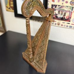 Rare Antique Table Harp Carve Wood on Stepped Hexagonal Base Gold