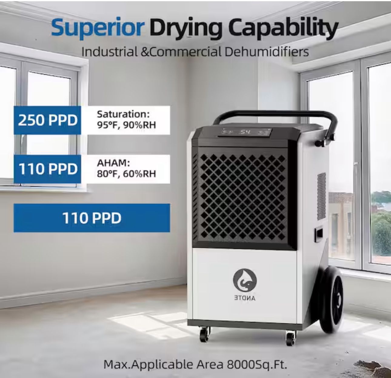 250 pt. 8,000 sq.ft. Commercial Dehumidifier for Basement in. White, High Efficiency Compressor