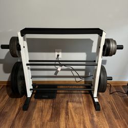 Competitor 1600 flat bench with bar, weights, and weight stand