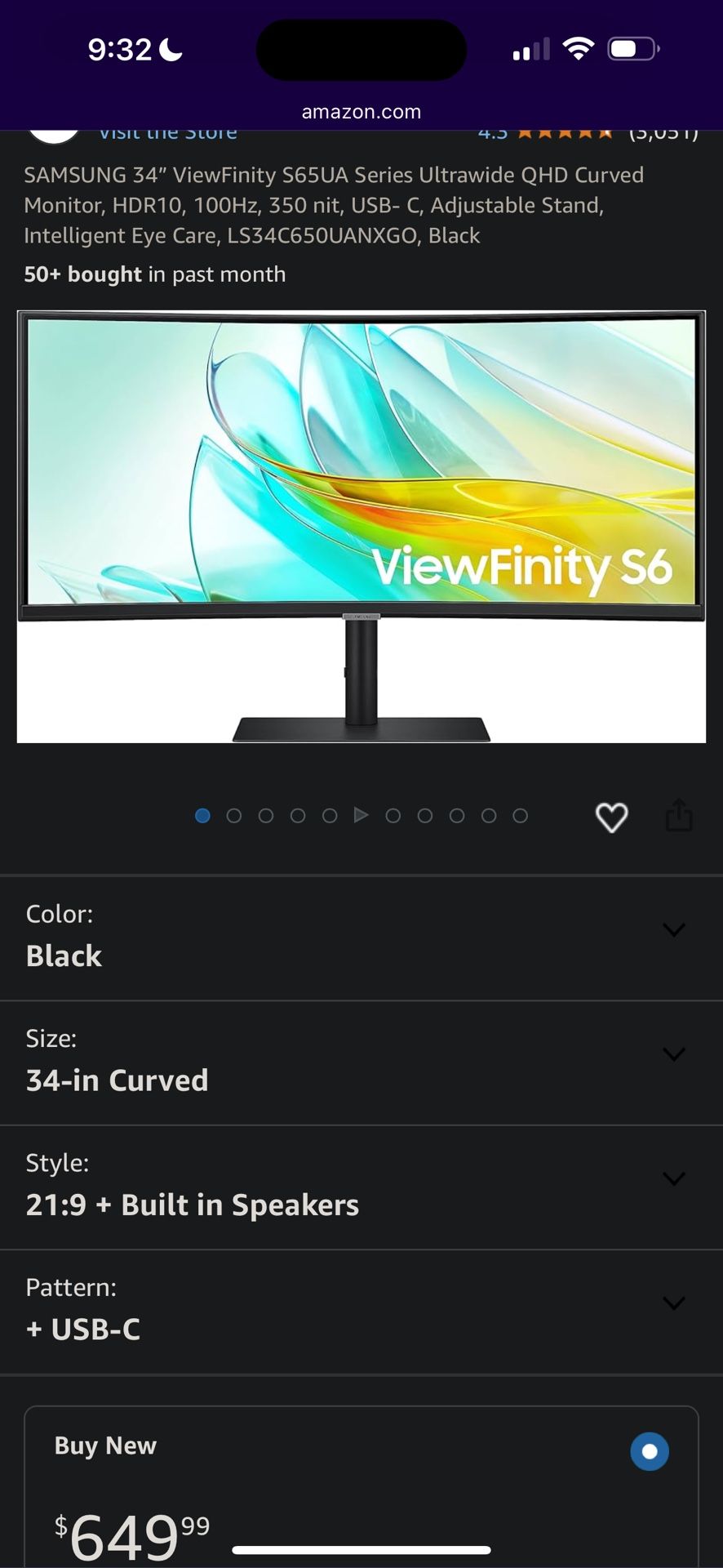 Samsung 34” ViewFinity S65UA Ultrawide QHD Curved Monitor – $550