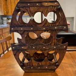Vintage Spanish Revival Wood Wine Barrel Bottle Rack Medieval Rustic Ex Condition  21” H 16” W 9” D
