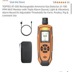 TOPTES AT-505 Rechargeable Ammonia Gas Detector, 0–100 PPM NH3 Monitor with Triple Alarm (Sound, Light & Vibration), Alarm Record & Adjustable Thresho