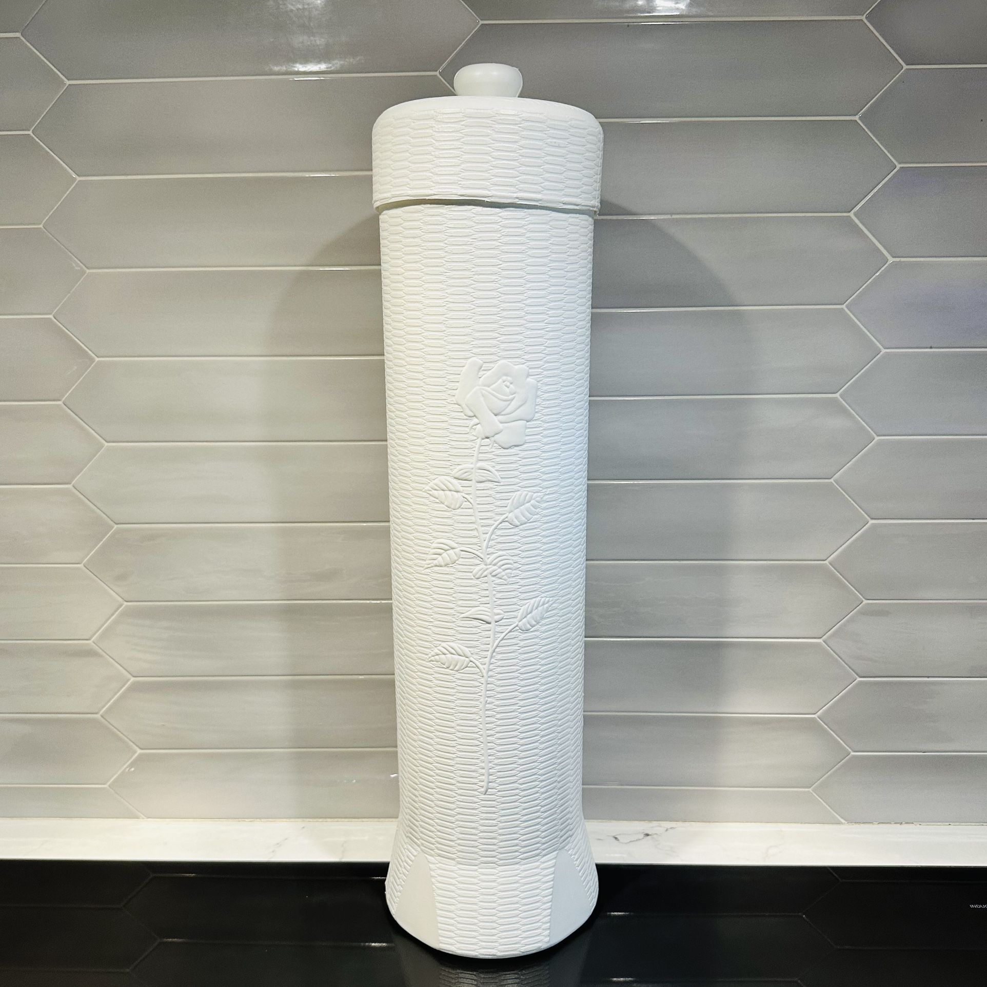 Vintage Breamco White Plastic Blow Mold Toilet Paper Roll Holder MCM Rose Floral Plastic wicker look design with rose embossed on front. 22 1/2“ Tal