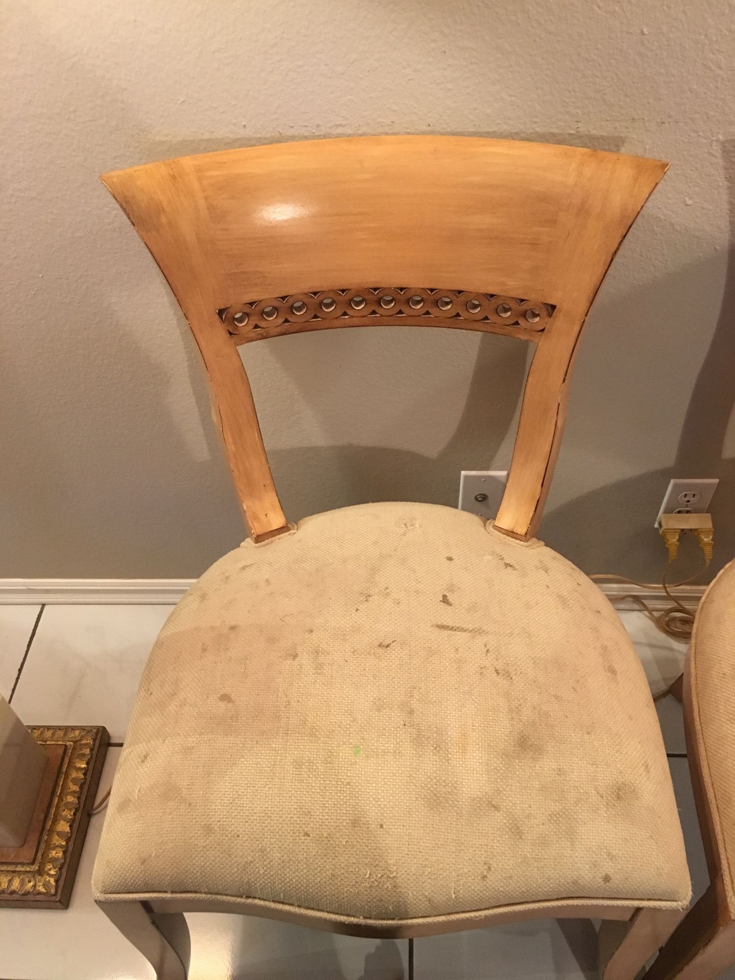 Kreiss furniture set. Travertine table, 6 chairs, and matching lamps