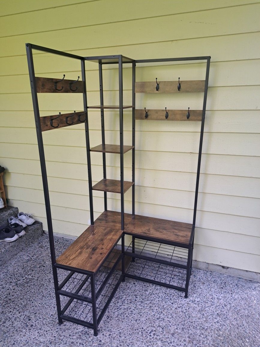 Entryway corner shoe, coat rack and bench